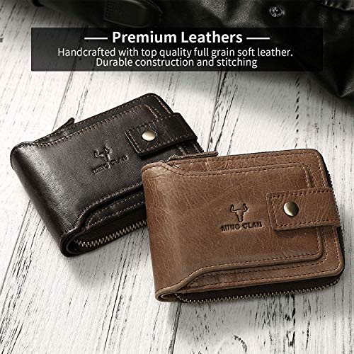 MING CLAN Men's Zipper Wallet, Tobacco Leather, RFID Blocking, Big Capacity, Flap ID Window, 12 Credit Card Slots, 2 Bill Compartments, 2 Vertical Pockets - color: Tobacco