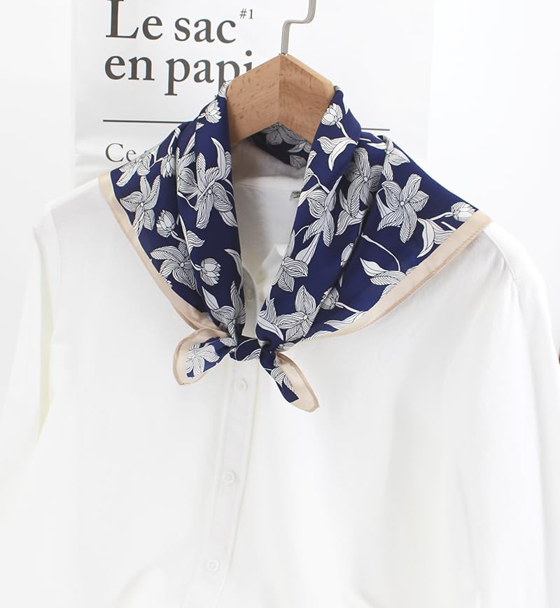 ANDANTINO 100% Mulberry Silk Scarf -21” Square Neckerchief with Gift Packed - color: Leaves-navy Blue