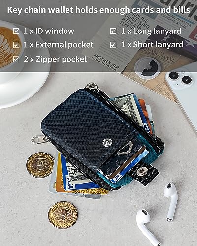 Artpaxy Minimalist Wallet For Mens Womens, Keychain RFID Blocking Zipper Small Wallet with ID Window 2 Lanyards,Water Resistant Travel Cash Card Coin Case Boys Girls - color: Dark grey+Blue green, style: Classic