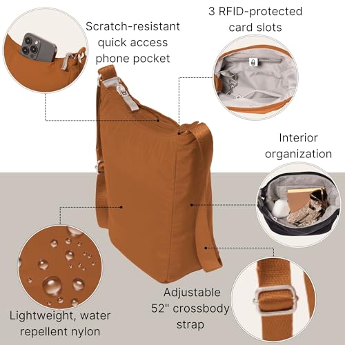 Baggallini Swift Mini Crossbody Bag for Women - 4.5x7 Small Travel Purse with Crossbody Strap and RFID - color: B-lite Caramel
