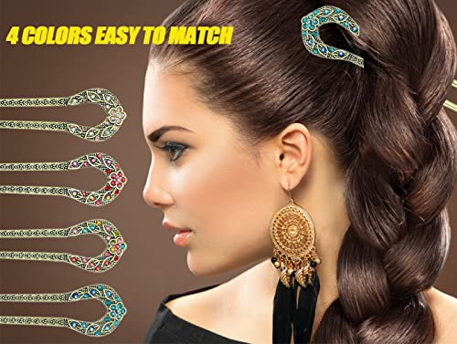 4 Pieces French Hair Pins, Metal U Shaped Hairpins, Vintage Double Prong Hair Forks Stick with Rhinestone Crystal, French Long Hair Hairstyle Accessories for Women