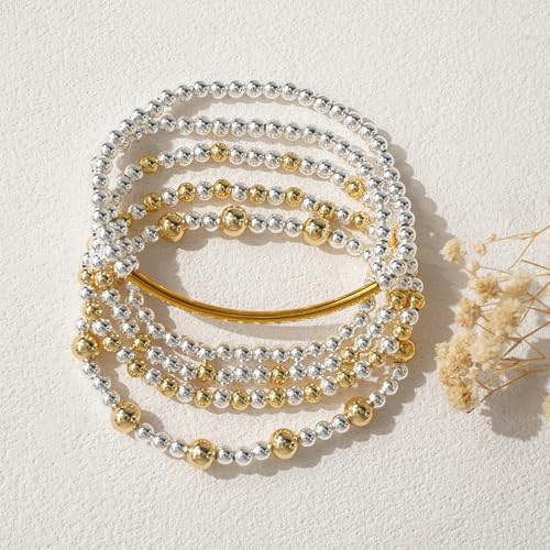 14K Gold Plated Beaded Bracelets Stack Set for Women,Stretch Boho Colorful Beads Ball Jewelry Friendship Summer Trendy - color: Silver gold