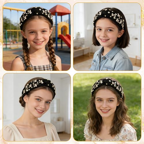 PANTIDE Black Bow Jeweled Knotted Headband - Rhinestone Crystal Pearl Embellished Headband Wide Top Knot Non Slip Hairband Accessories Bachelorette Wedding Birthday Gift for Women Girl (Black) - color: Black Bow