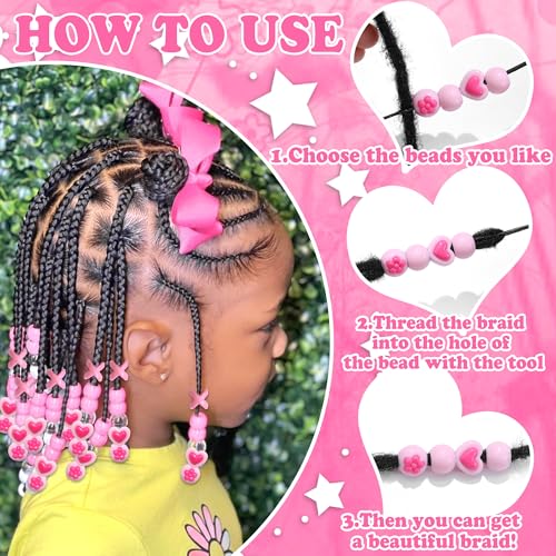 NAISKA 100PCS Pink Hair Beads Multiple Pony Beads for Braids Heart Loc Dreadlock Bead Flower Bead Set Cute Braids Accessories for Kids Girls - color: Pink