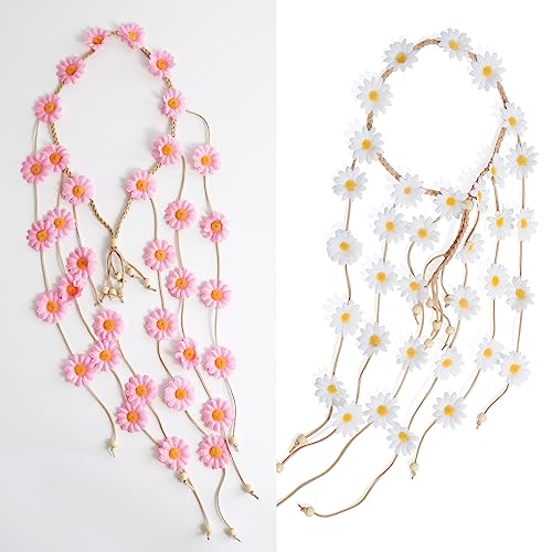Sucrain 2pcs Flower Hippie Headband Floral Crown Summer Sunflower Hair Accessories for 70 s Bohemian Costumes Style for Women(White+Pink) - color: White+Pink