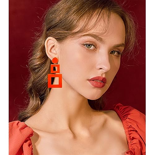 ANXIN STORE Boho Minimalist Multicolor Acrylic Geometric Square Hollow Pendant Neon Nightclub Earrings Vintage 80s 90s Party Accessories Womens - color: F Orange Hollow Earring