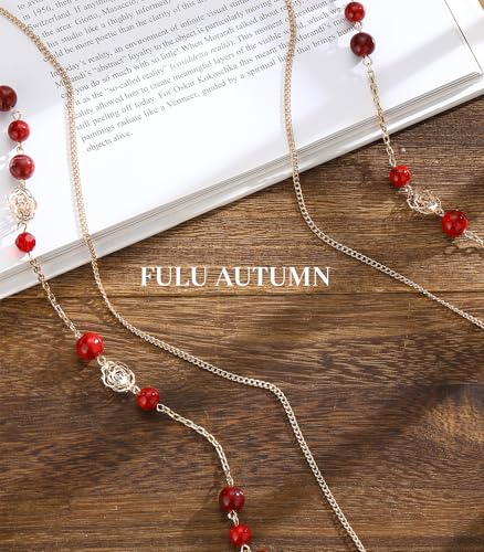 FULU AUTUMN Boho Gold Long Necklaces for Women Natural Stone Beaded Layered Long Necklace Mothers Day Gifts Dainty Flower Costume Jewelry for Women - color: Red