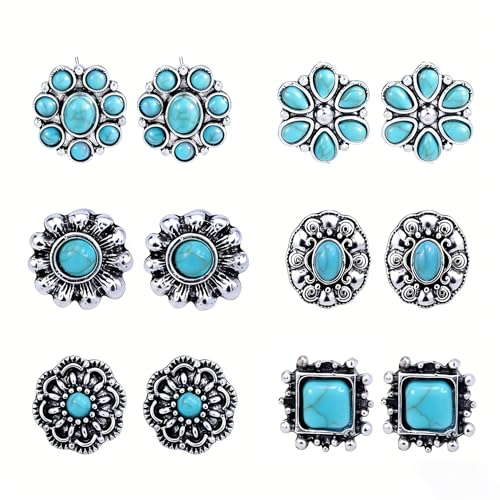 Western Earrings for Women Bohemian Turquoise Earring Set Vintage Turquoise Stud Earring for Women Flower Cowboy Earrings Western Country Concert Rodeo Outfits Jewelry Gift - color: Blue
