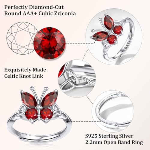 Bestyle 925 Sterling Silver Butterfly Ring Hypoallergnic Adjustable Birthstone Rings for Women Butterfly Jewelry Gifts for Anniversary Mothers' Day Birthday - color: 01.January (Garnet)-Ring