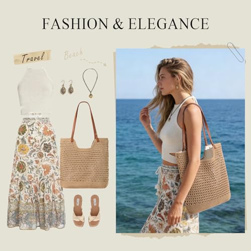 Sightor Crochet Beach Bag, Woven Tote Bag Summer Boho Bag Travel Casual Shoulder Bag for Summer Vacation - color: Brown