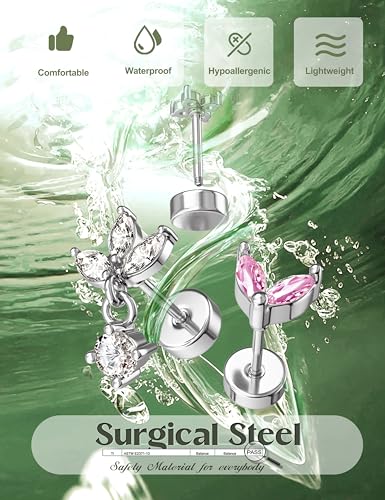 ORAZIO 16 Gauge Cartilage Earrings for Women Flat Back Hypoallergenic Surgical Steel Small Flatback Stud Hoop Cartilage Earring Stack Set Daith Conch Tragus Helix Piercing Jewelry Single PC - color: Silver Plated+Pink CZ