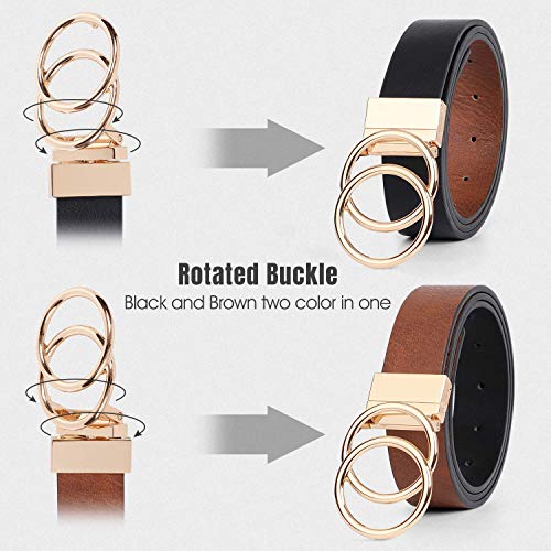 JASGOOD Women Leather Belt,Reversible Belt,Leather Waist Belt for Jeans Dress with Gold Double O Ring Rotate Buckle - color: A-black+brown, size: Length 45":Fit Size 37"-43"