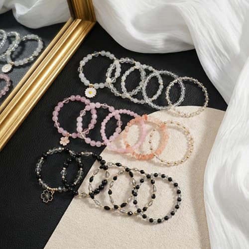 Bohemian Bracelet Sets for Women - 4-Pack Stackable Stretch Bead Bracelets with Black＆White Crystal & Gold Accessories, Multi-Layer Boho Jewelry - color: multi-color
