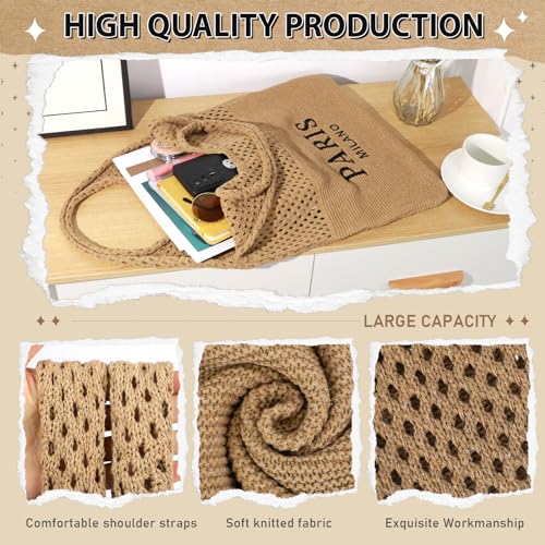 hatisan Crochet Bag for Women, Handmade Knit Beach Tote Bag Summer - color: Embroider-coffee
