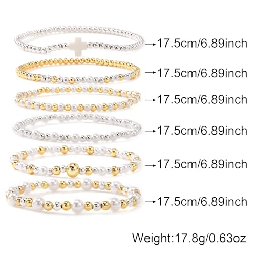Silver Gold Beaded Bracelets for Women Stackable 14K Gold Plated Beads Ball Cross Bracelet Stack Non Tarnish Elastic Stretch Trendy Jewelry Christian Friendship Christmas Gifts for Women - color: 6pcs-Pearl
