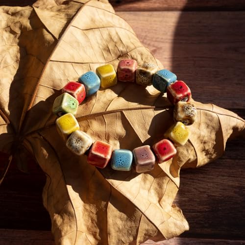 Handmade Multi-Color Faceted Ceramic Beads Bracelet for Women, Boho Stretch Bracelet with Oval Colorful Glazed Beads, Adjustable Bohemian Jewelry Gift for Mom Wife - color: Colorful (1cm Cube)