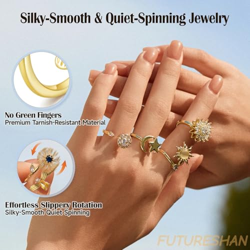 10Pcs Fidget Anxiety Rings for Women Adjustable Spinner Ring Gifts for People With Anxiety Moon Sun Butterfly Galaxy Daisy Flower CZ Stress Relief Calm Rings Jewelry 14K Gold/Silver/Rose Gold Plated - color: 14K Gold Plated