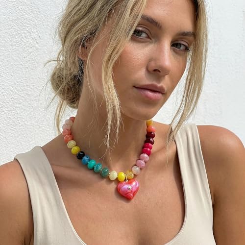 Elegance 11 designs Chunky Heart Necklace for Women, Colorful Acrylic Beaded Statement Puff Heart Necklace, Cute Boho Y2K Choker Necklace for Gift Jewelry - color: Red Heart Pendant Necklace
