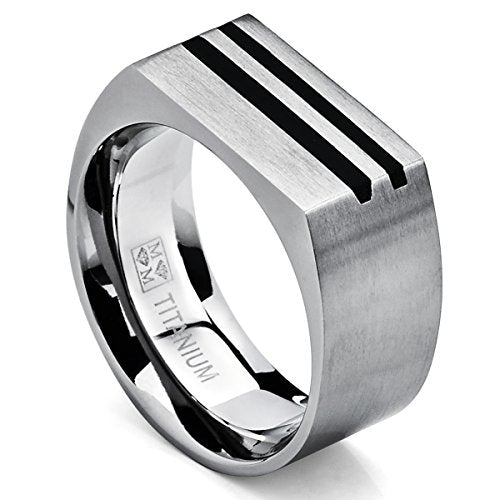 Metal Masters Men's Bold Titanium Pinky Ring Bands with Resin Inlay, Brushed Finish Comfort Fit 10mm Wide