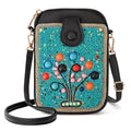 Women's Small Crossbody Cell Phone Bag, Boho Colorful Beaded Purse Wallet with Handmade Cute Patterns - color: Tree-blue