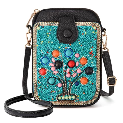 Women's Small Crossbody Cell Phone Bag, Boho Colorful Beaded Purse Wallet with Handmade Cute Patterns - color: Tree-blue