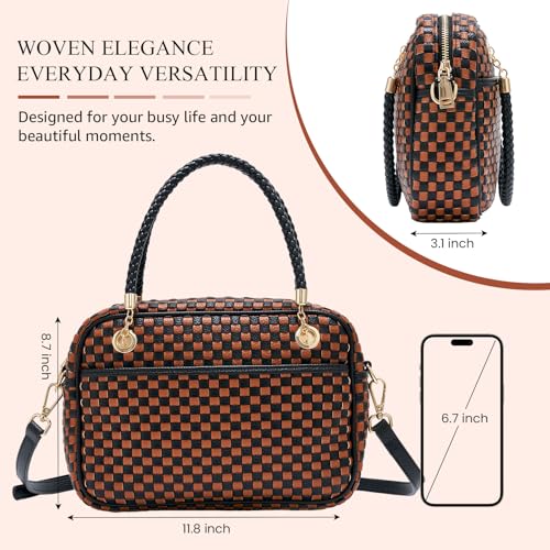 Chic Woven Crossbody Camera Bag, Soft Vegan Leather Purse with Designer Look & Braided Handle - color: Black and Brown Checkered