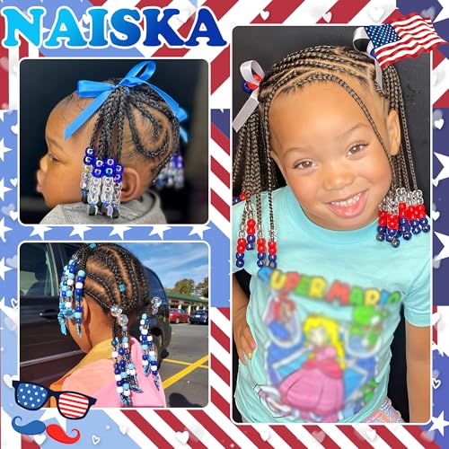 NAISKA 114PCS 4th of July Beads for Hair Blue Red Hair Beads Patriotic Bead Sets 12 Styles Loc Bead 250th Anniversary Independence Day Hair Accessories for Kids Girls - color: Blue&Red&White
