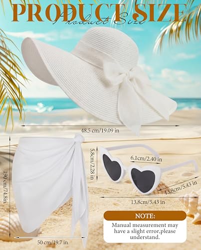 3 Pcs Summer Beach Set for Women Wide Brim Straw Sun Hat, Swimsuit Coverup Sarong, Heart Sunglasses - color: White