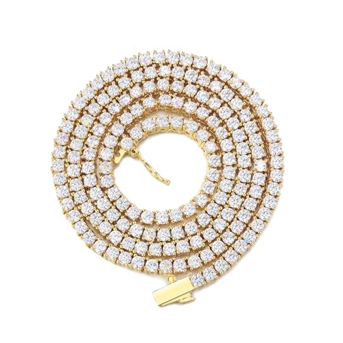 BREN Tennis Necklace - 3mm 4mm 5mm Iced Out Diamond Tennis Chain 5A Cubic Zirconia Necklace - 18K/White Gold Plated Flat Tennis Necklace for Women and Men Size 16"-22" - color: Gold-3mm, size: 16 inch