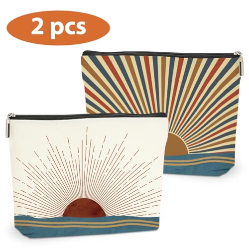 2PCS Boho Makeup Bag, Boho Gifts for Women, Sunlight Rays Natural Linen Zipper Pouch Best Gifts for Girls Sister Travel Sunshine Cosmetic Bag - color: Multicolor 0083