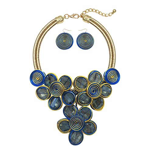 Statement Chunky Flower African Necklace For Women Tribal Fashion Costume Jewelry Earring Sets Unique Big Colorful Rhinestone Crystal Pendent Collar Choker Bib Handmade - color: Three Flowers Blue + Gold