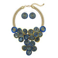 Statement Chunky Flower African Necklace For Women Tribal Fashion Costume Jewelry Earring Sets Unique Big Colorful Rhinestone Crystal Pendent Collar Choker Bib Handmade - color: Three Flowers Blue + Gold