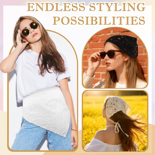 JATEBI 4PCS Women's Floral Lace Mesh Triangle Head Scarves Adjustable Boho Bandanas - color: Black, White and Beige