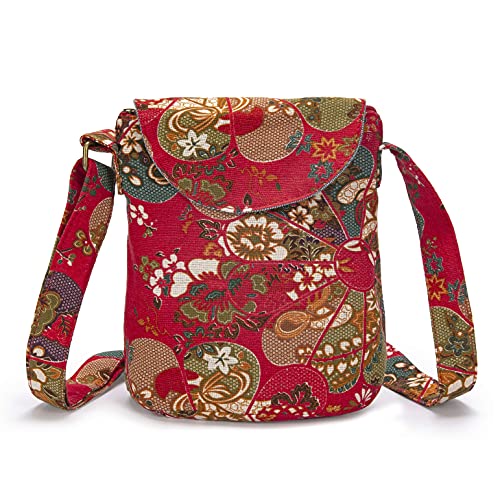 OPQRSTU Women's Retro Small Size Canvas Shoulder Bag Hippie Boho Crossbody Handbag - color: Red Windmill