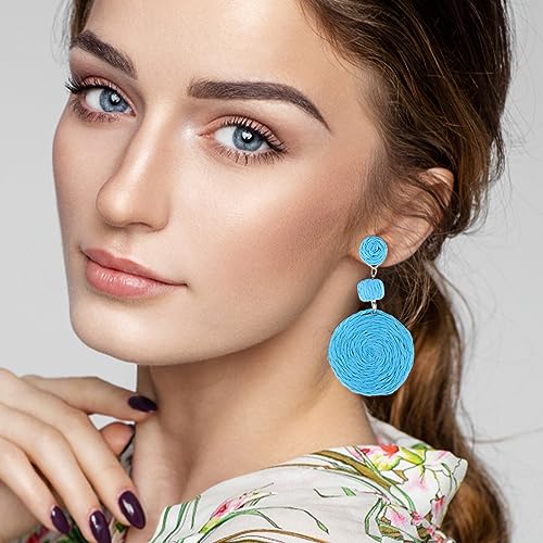 Boho Raffia Ball Earrings for Women, Handmade Statement Drop Earrings Straw Dangle Earrings Beach Vacation Jewelry - color: Sky blue