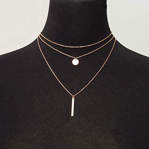 Disc Bar Pendant Layering Necklace Stainless Steel Layered Chain Choker - color: 14K Rosegold Plated