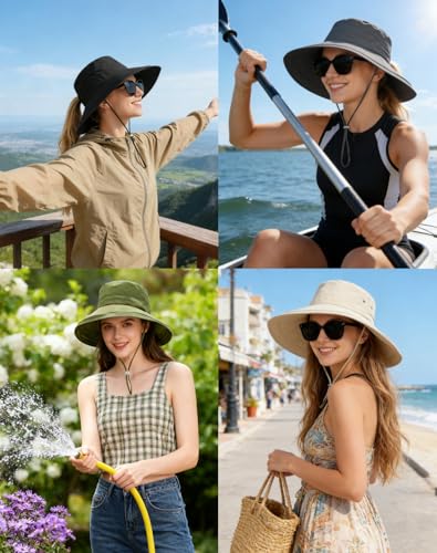Rosoz Women Sun Hat with Ponytail Hole Wide Brim Bucket Hats UPF 50+ Beach Hiking Gardening Hat Water-Resistant Outdoot Hat - color: Black