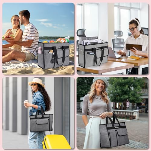Large Utility Tote Bag with Reinforced Bottom, Waterproof Multi Pockets Beach Tote Bag for Travel, Work, School - color: Grey