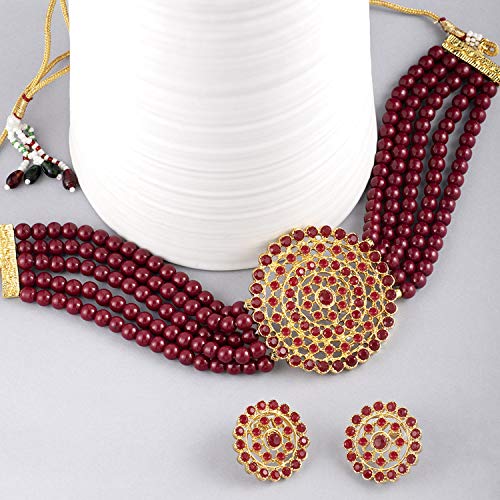 Aheli Pearl Diamond Choker Necklace & Round Earrings Gift for Women Indian Traditional Bollywood Fashion Bharatanatyam jewellery set - color: Maroon 2