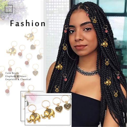 Formery Beads Dreadlock Clip Accessories Gold Elephant Box Braid Rings Heart African Hair Charms Jewelry for Black Women (13PCS)