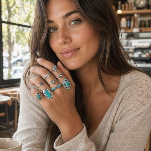 Turquoise Stackable Rings for Women, Adjustable Boho Jewelry Set, Vintage Fashion Accessories