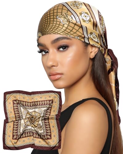 AWAYTR 35” Satin Head Scarf for Women Like Silk Scarf for Hair Scarf Satin Hair Bandana Women Headscarf Hair Wrap Scarf Neck - color: Brown