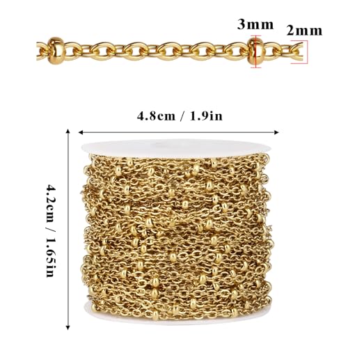 33 Feet 18K Gold PVD Plated Satellite Chain Roll, 2mm 304 Stainless Steel Gold Ball Beaded Cable Link Chains Spool Bulk for Jewelry Making DIY Craft - color: Gold Small Beads Satellite Cable Chain