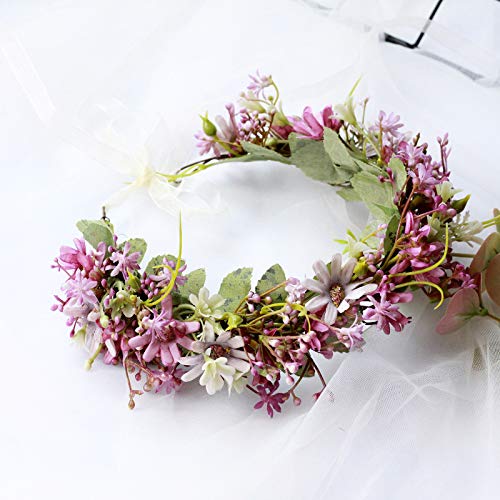 Vivivalue Daisy Flower Crown Floral Wreath Headband Hair Garland Flower Halo Headpiece with Ribbon Wedding Party Festival Photos Purple - color: 91
