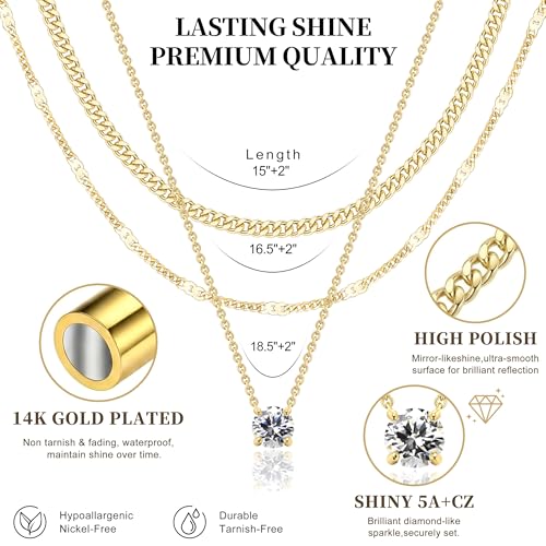 WomenGifts Layered Gold Necklaces for Women, 14K Gold Sterling Silver Plated Dainty Pendant Necklace Set Non Tarnish, Chunky Stackable Cuban Chain Choker, Trendy Birthstone Vacation Jewelry Gift - color: Gold, style: Cubic Zirconia