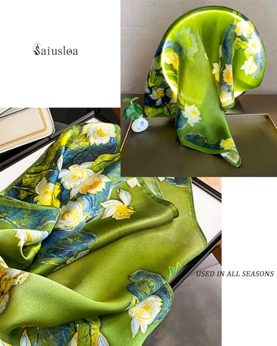 Saiusloa Neck Scarf For Womens Silky Head Scarves Hair Bandanas Square Scarf Fashion Accessories lightweight - color: 13-green Lotus Pond