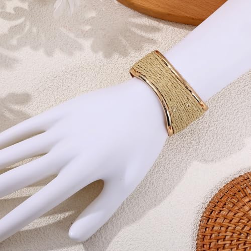 Raffia Colorful Chunky Cuff Bracelet For Women Statement Irregular Wave Vacation Tropical Beachy Spring Summer Wide Open Bangle Handmade Boho Costume Jewelry Accessories - color: Beige