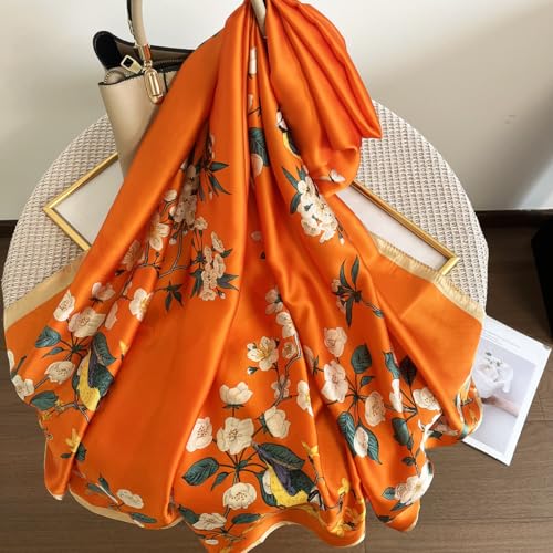 Long Silk Like Scarf Lightweight Satin Scarves Large Sunscreen Shawl Wrap for Women - color: 024.birds and Flowers Orange