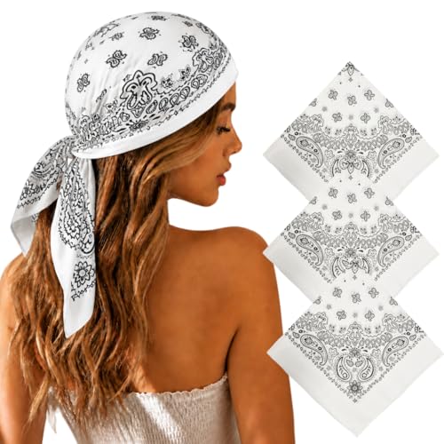 Junvena 27 Inch Extra Large Bandana 100% Cotton,Soft Thin Breathable Headband for Men Women, Solid & Paisley - color: White Paisley 3 Pack