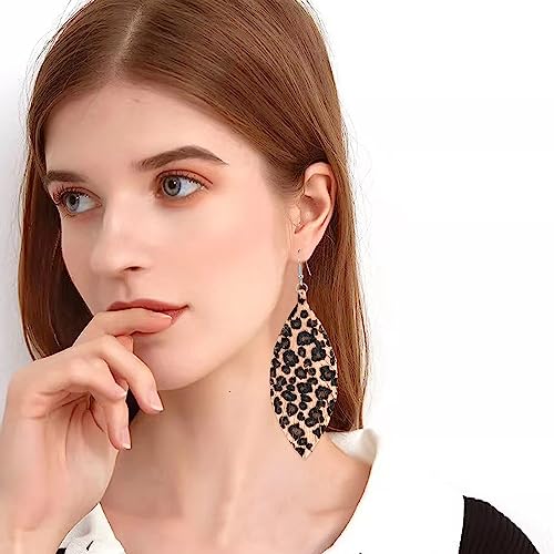 Large Genuine Soft leaf Leather Handmade Fringe Tassel Feather Lightweight Tear Drop Dangle Color Earrings for Women - color: Light Leopard